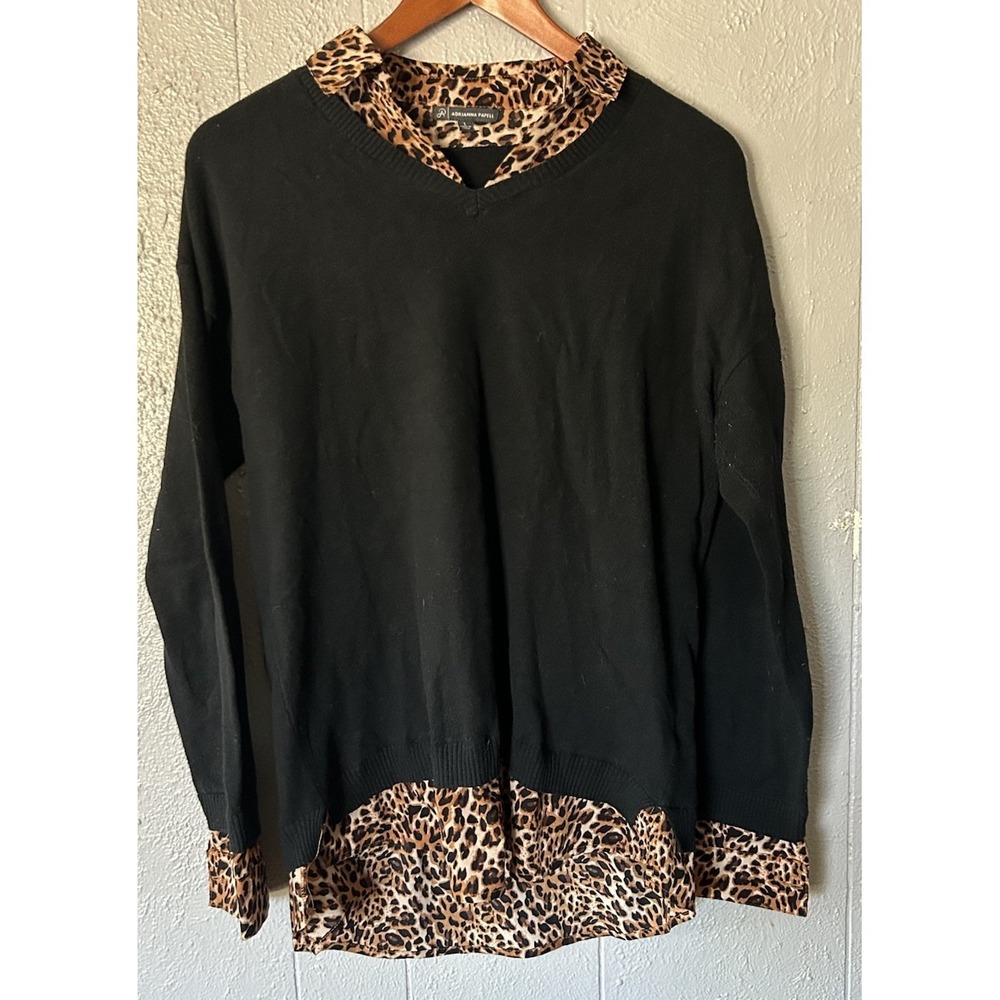 Adrianna Papell Long Sleeve Black Sweater Built In Collared Leopard Shirt Size L